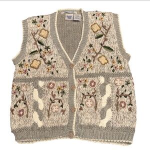 Vtg Huntington Ridge Women Size L Sweater Vest Knitted by Hand Gray Ivory Floral